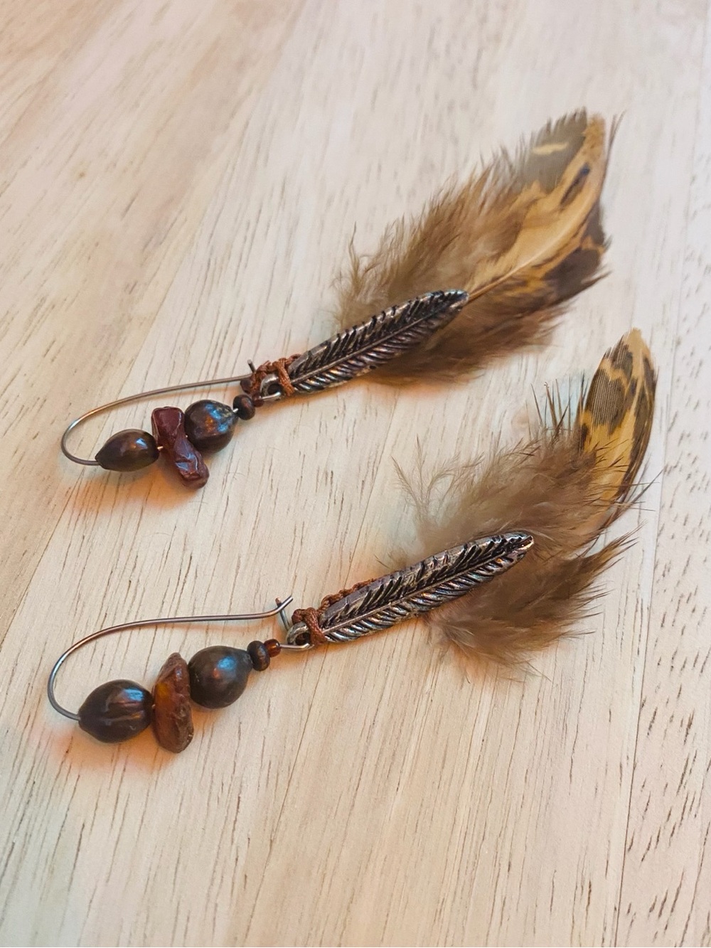 NWT Boho Feather and Amber Bead Earrings Handmade